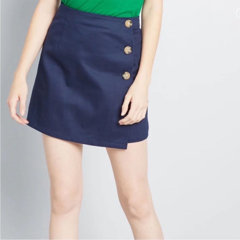 NWT-Modcloth-26-navy blue-linen blend-sunny attitude A-line,Faux Wrap Mini Skirt